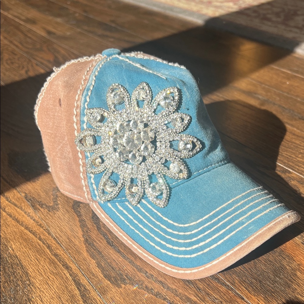 Embellished Two-Tone Rhinestone Flower Cap - Blue & Tan